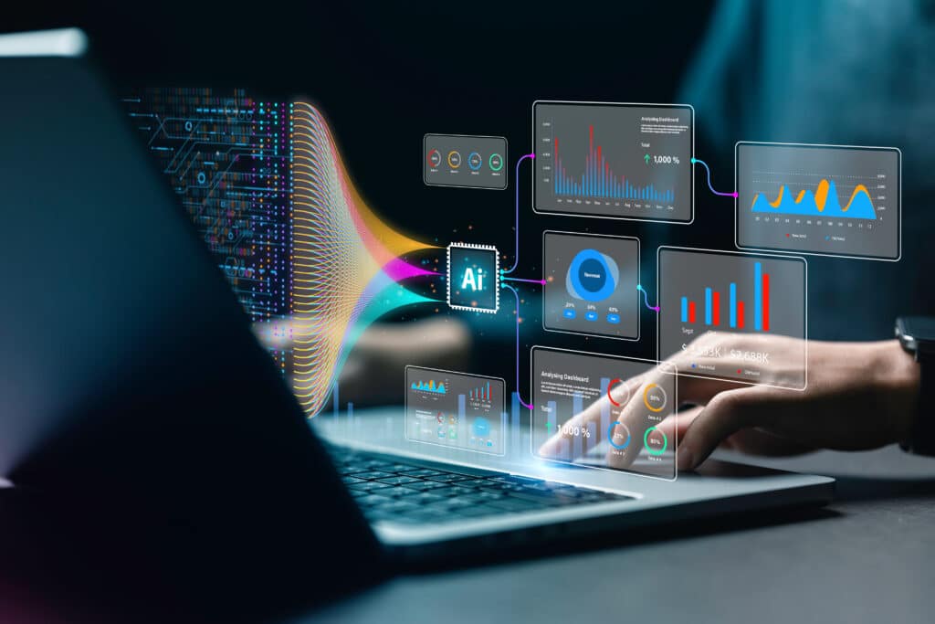 Data analysis science and big data with edge AI technology. Analyst or Scientist uses a computer and dashboard for analysis of information on complex data sets on computer.